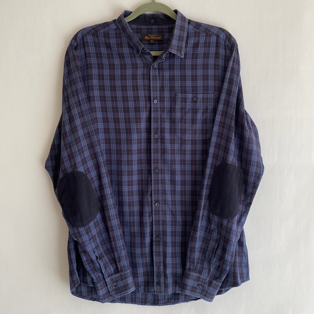 Ben Sherman Navy Blue Plaid Button Down with Corduroy Elbow Patches size L